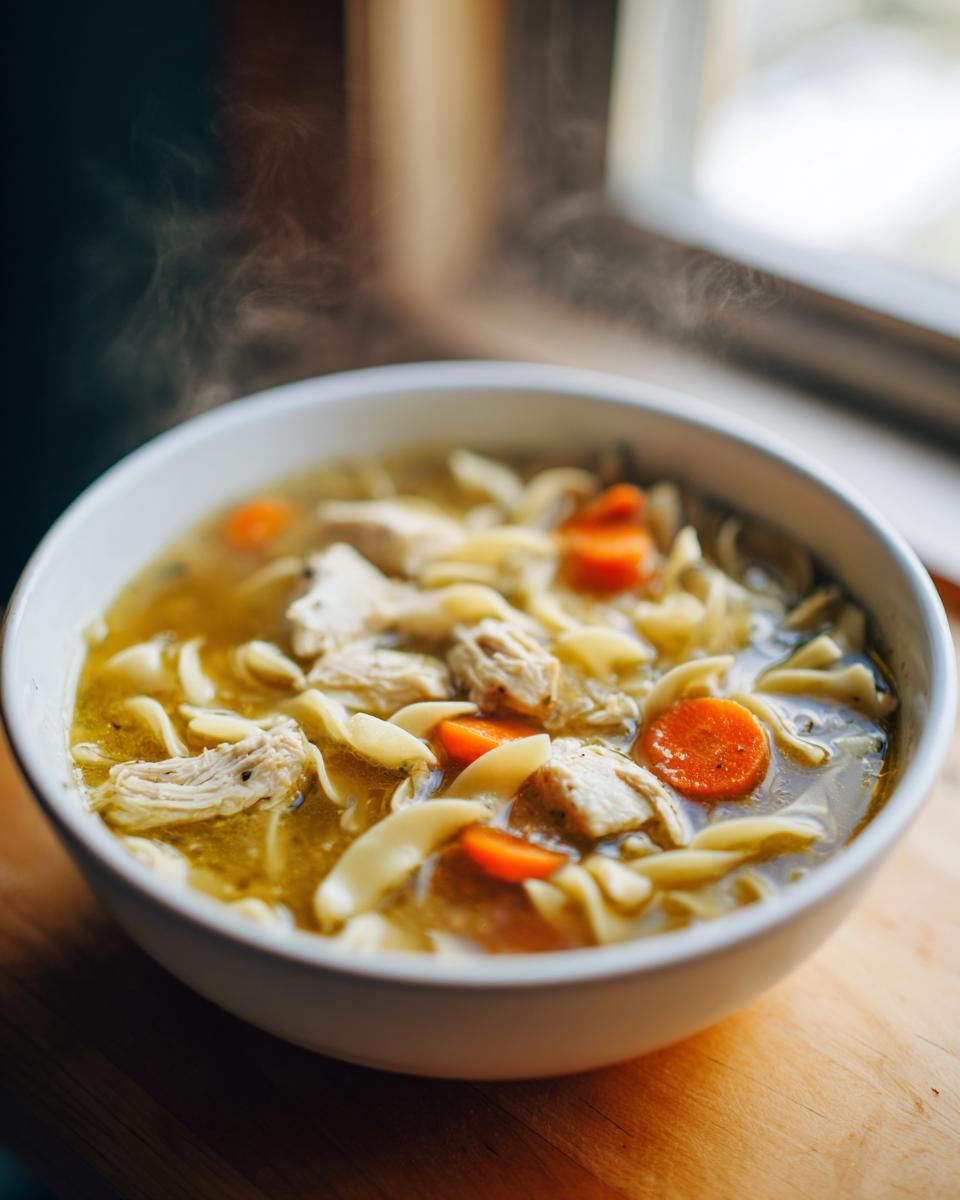A close-up of a steaming white bowl filled with rich broth, shredded chicken, egg noodles, and bright orange carrots from the slow cooker chicken noodle soup.