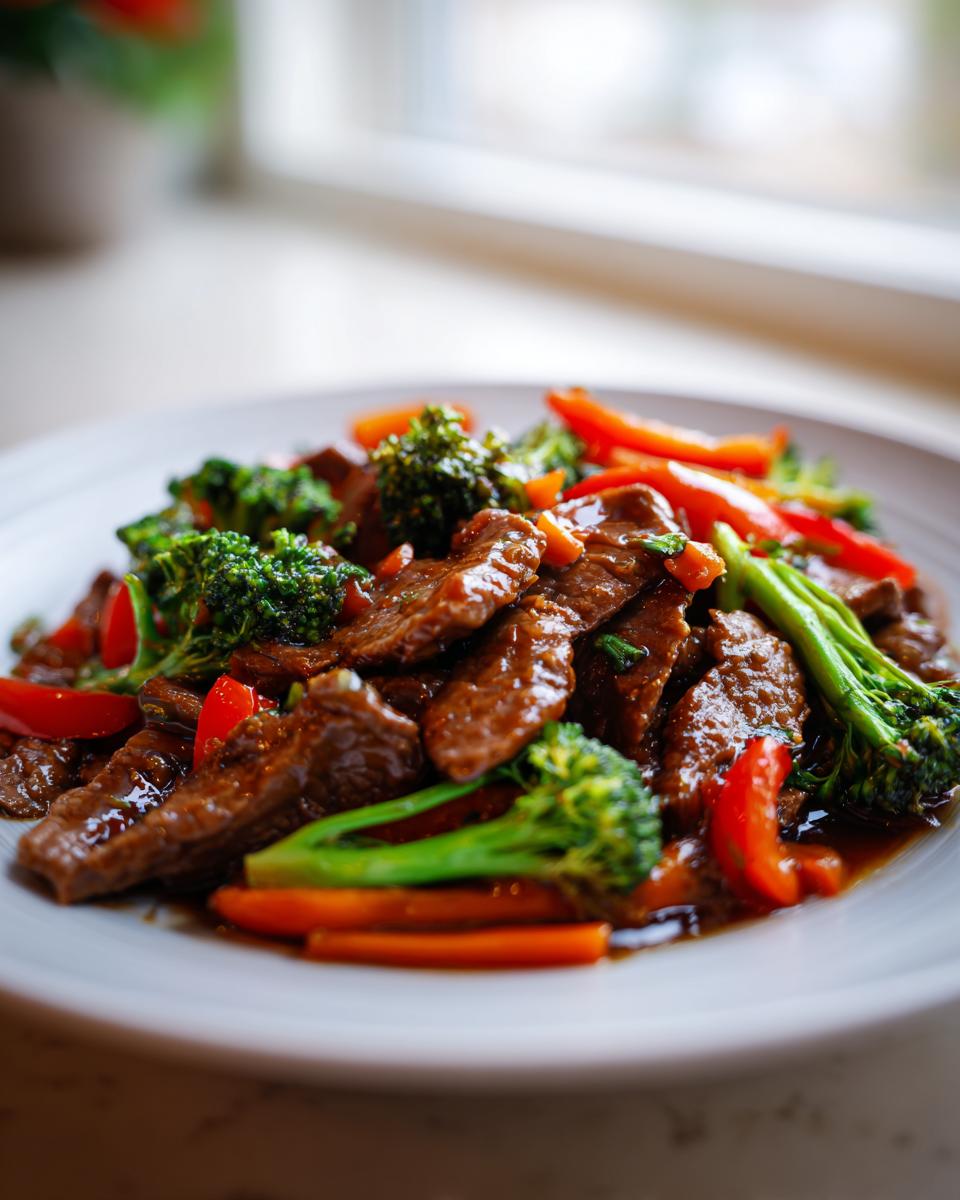 Close-up of a plate featuring sticky orange beef stir fry mixed with bright green broccoli and red bell peppers.