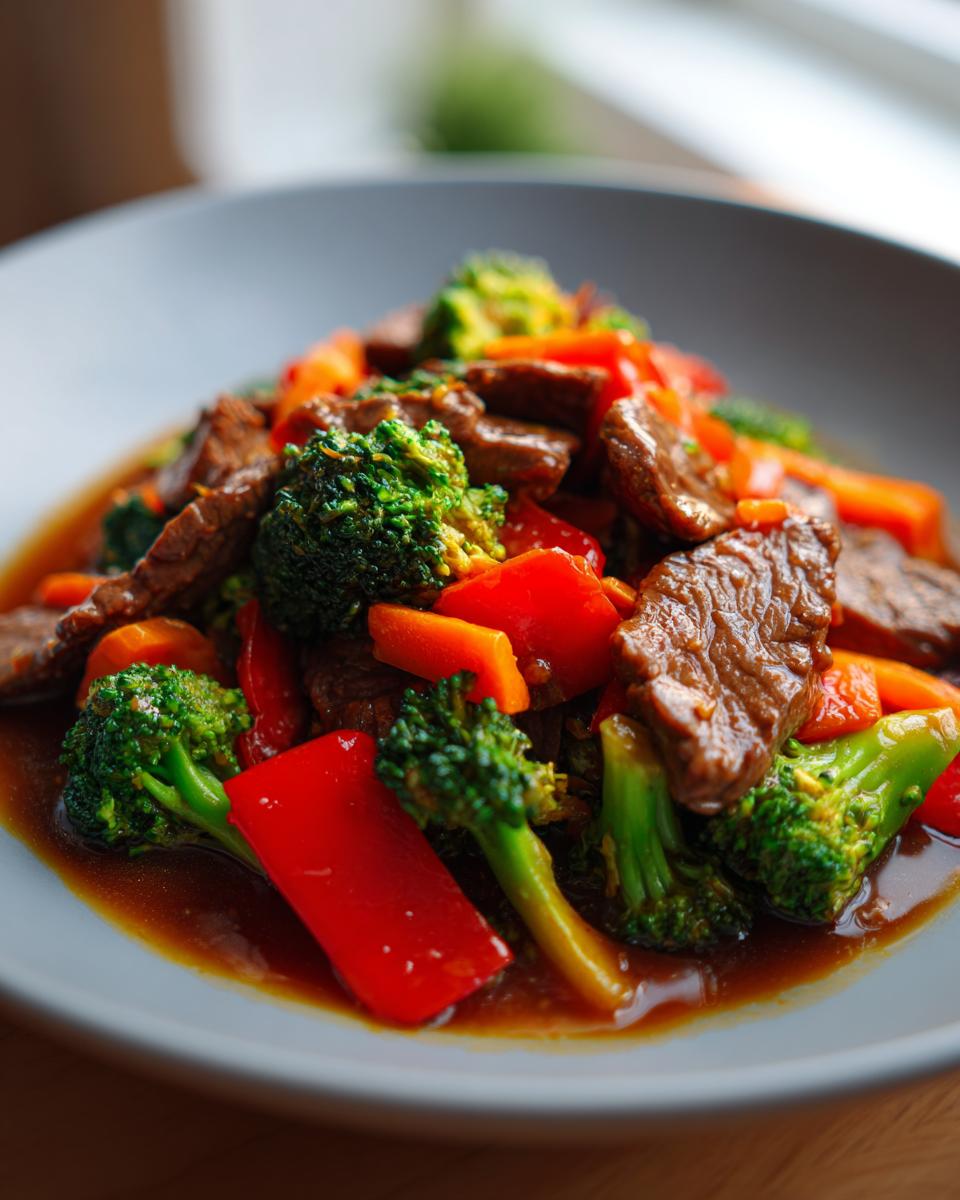 A close-up of a serving of sticky orange beef stir fry featuring tender beef slices, bright green broccoli florets, and red bell peppers in a rich sauce.