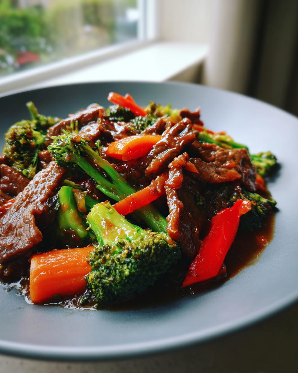 A close-up of a serving of sticky orange beef stir fry featuring tender beef strips, bright green broccoli, and vibrant orange carrots on a grey plate.