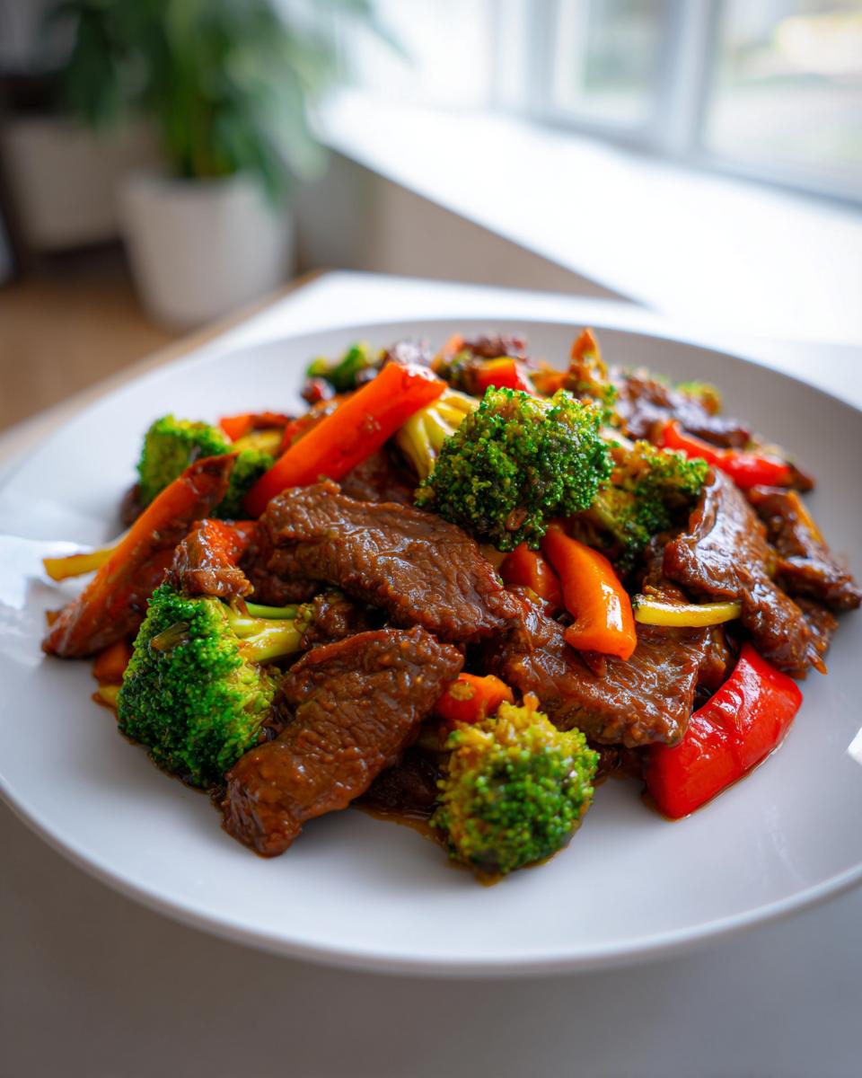Close-up of a plate of sticky orange beef stir fry featuring tender beef strips, bright green broccoli florets, and red bell peppers.