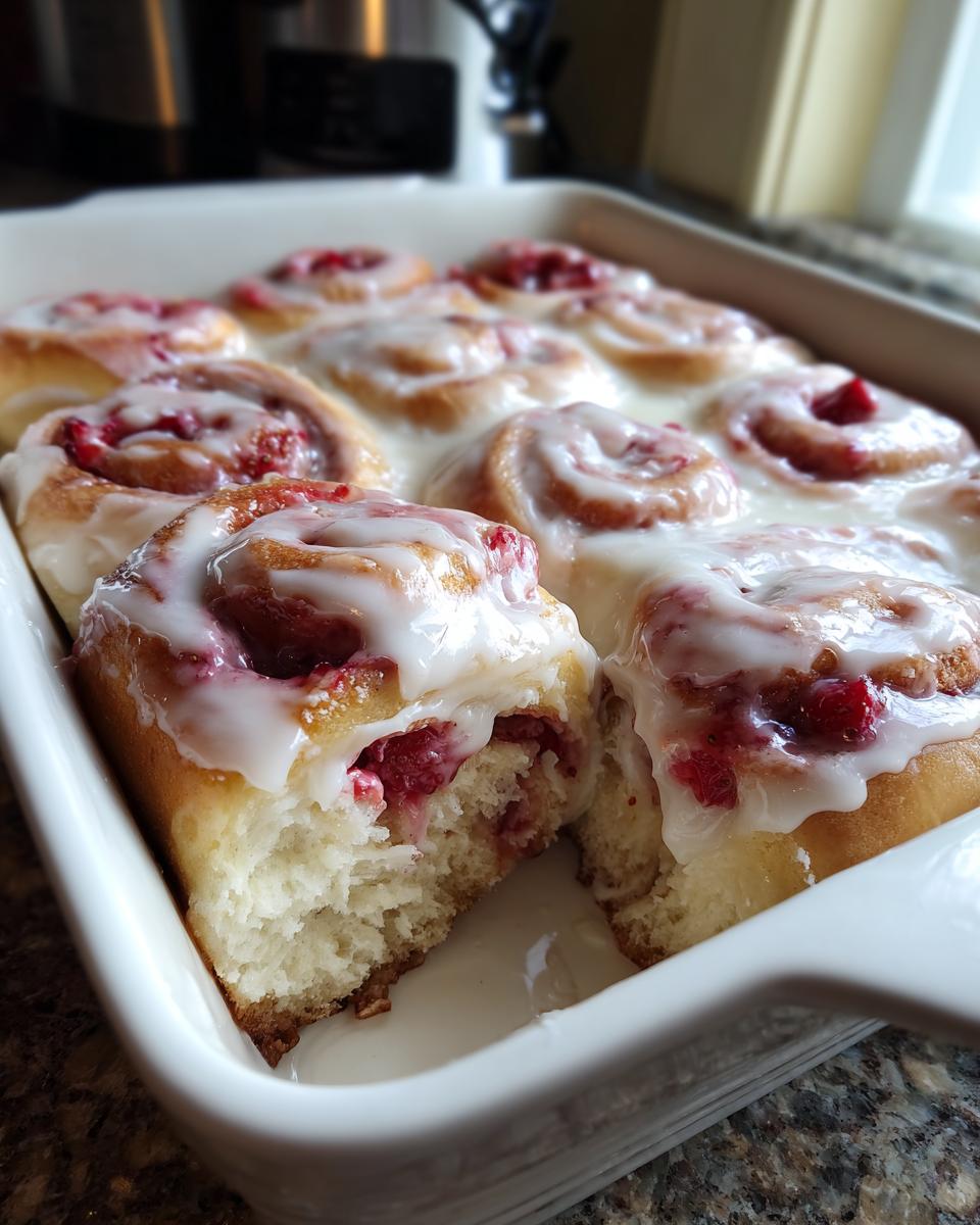 A close-up of freshly baked strawberry cinnamon rolls covered in white icing in a white baking dish.