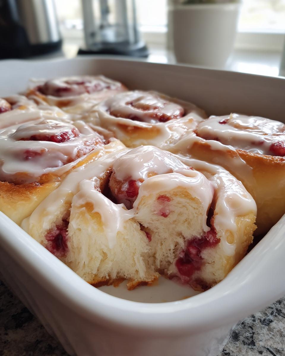 Close-up of freshly baked strawberry cinnamon rolls covered in white glaze, showing the fluffy interior.