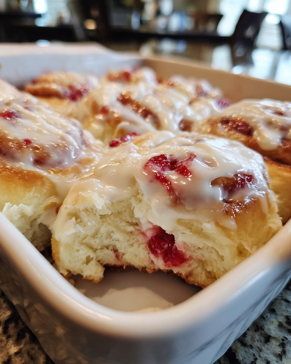 Close-up of soft, freshly baked strawberry cinnamon rolls topped with white glaze in a white baking dish.