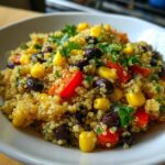 Close-up of a vibrant tex mex quinoa salad featuring yellow quinoa, black beans, corn, red peppers, and fresh cilantro.