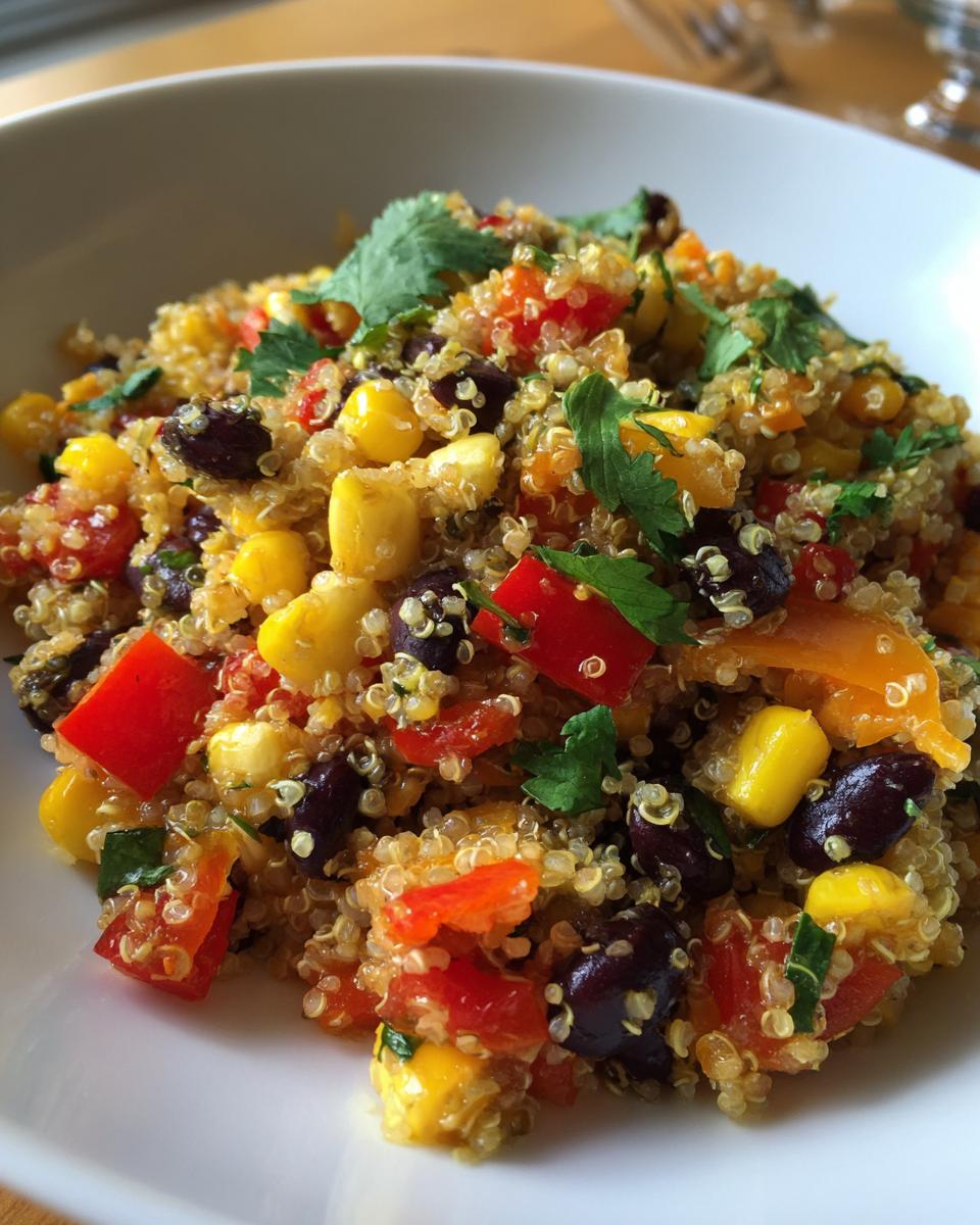 Close-up of a vibrant tex mex quinoa salad featuring corn, black beans, red peppers, and cilantro in a white bowl.