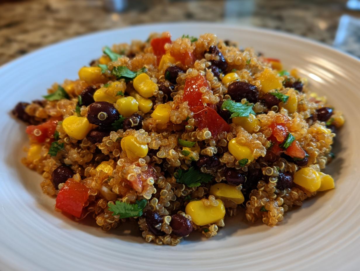Close-up of a serving of colorful tex mex quinoa salad featuring black beans, corn, diced tomatoes, and cilantro on a white plate.