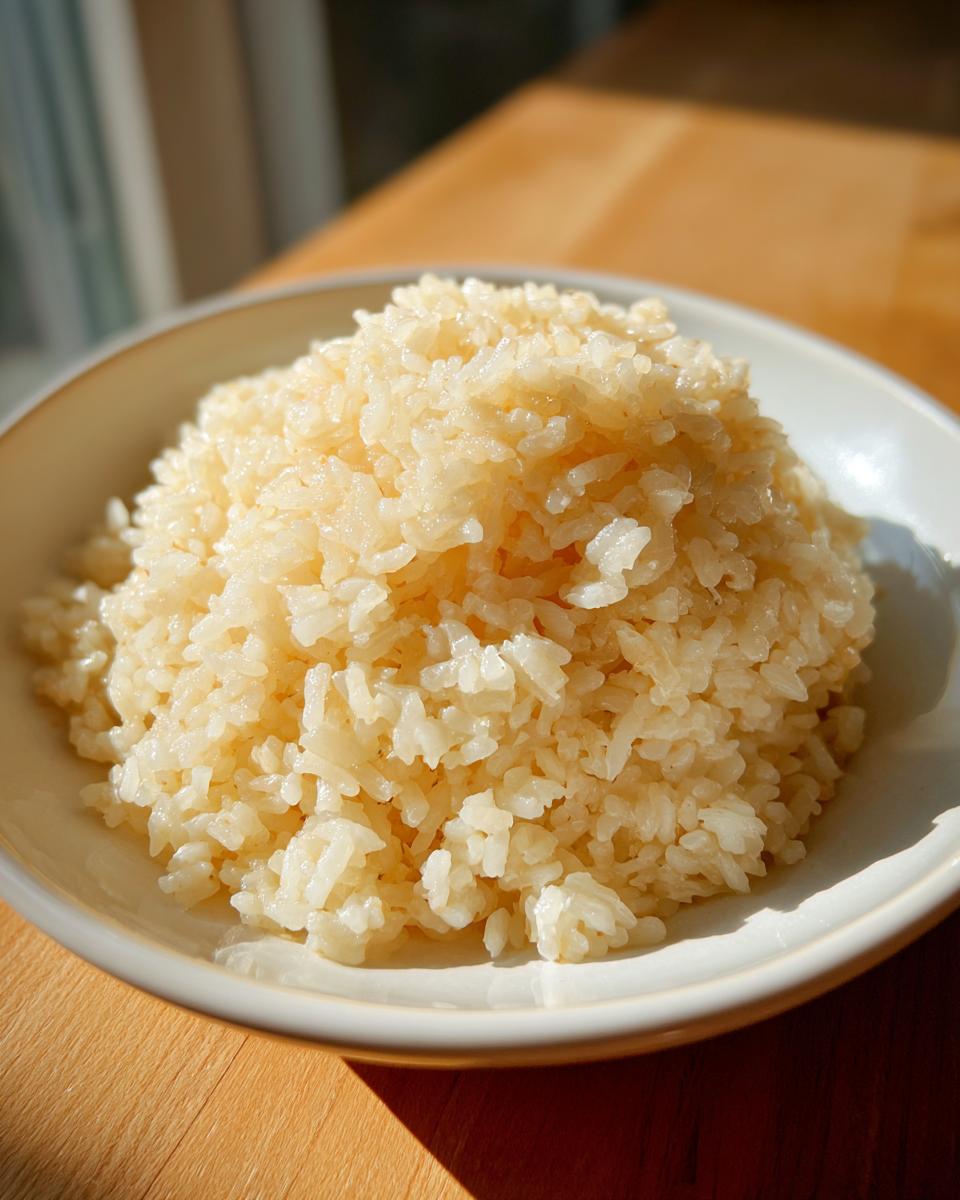 A close-up of a mound of fluffy, light brown texas roadhouse seasoned rice served in a white bowl on a wooden table.
