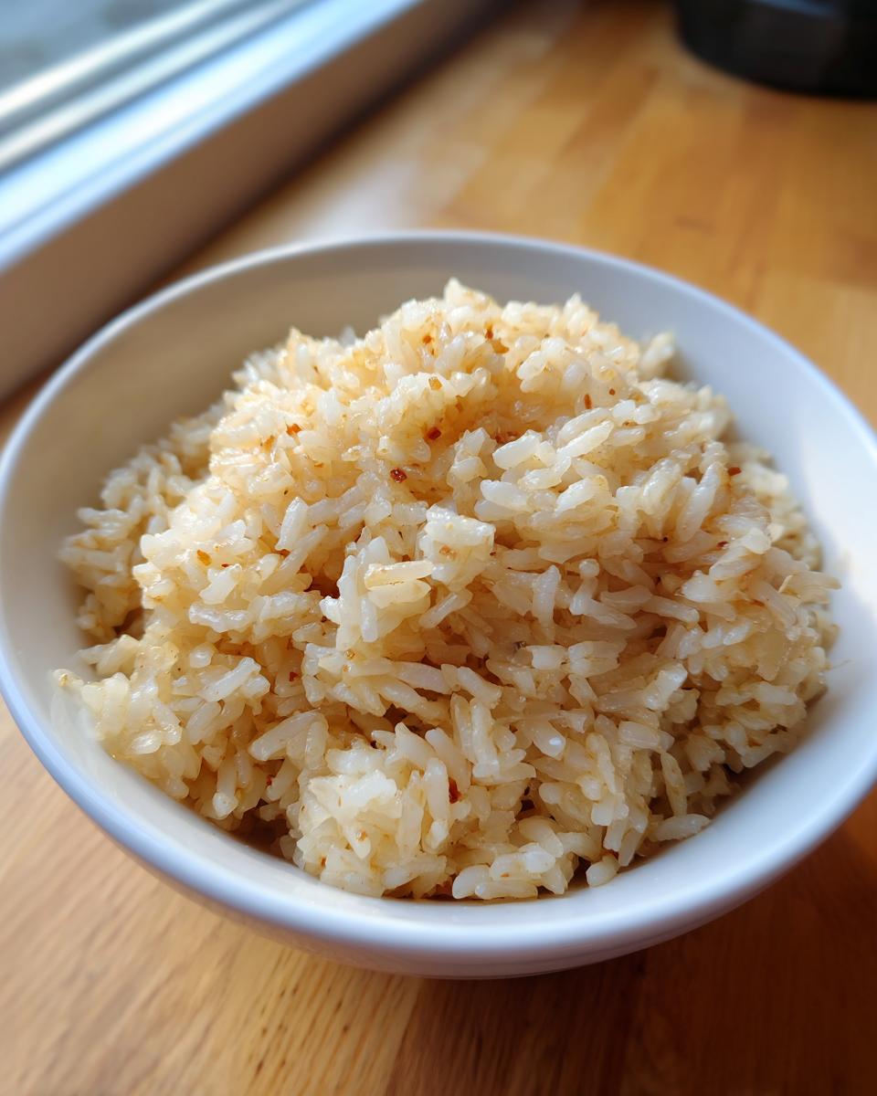 A white bowl filled with fluffy, brown-tinted texas roadhouse seasoned rice, sitting on a wooden surface.