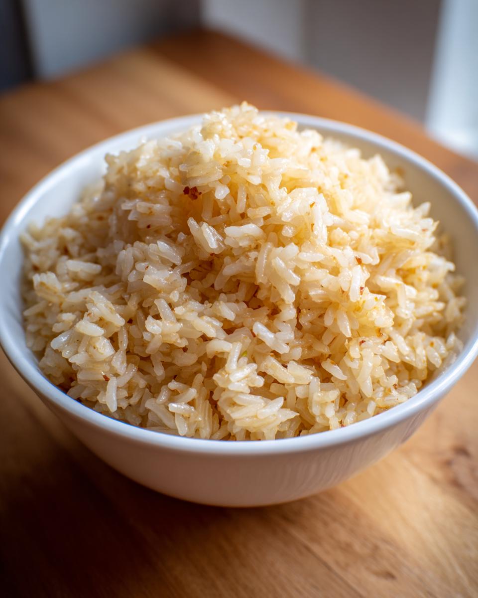 A close-up shot of fluffy, seasoned rice, resembling texas roadhouse seasoned rice, served in a white bowl on a wooden surface.