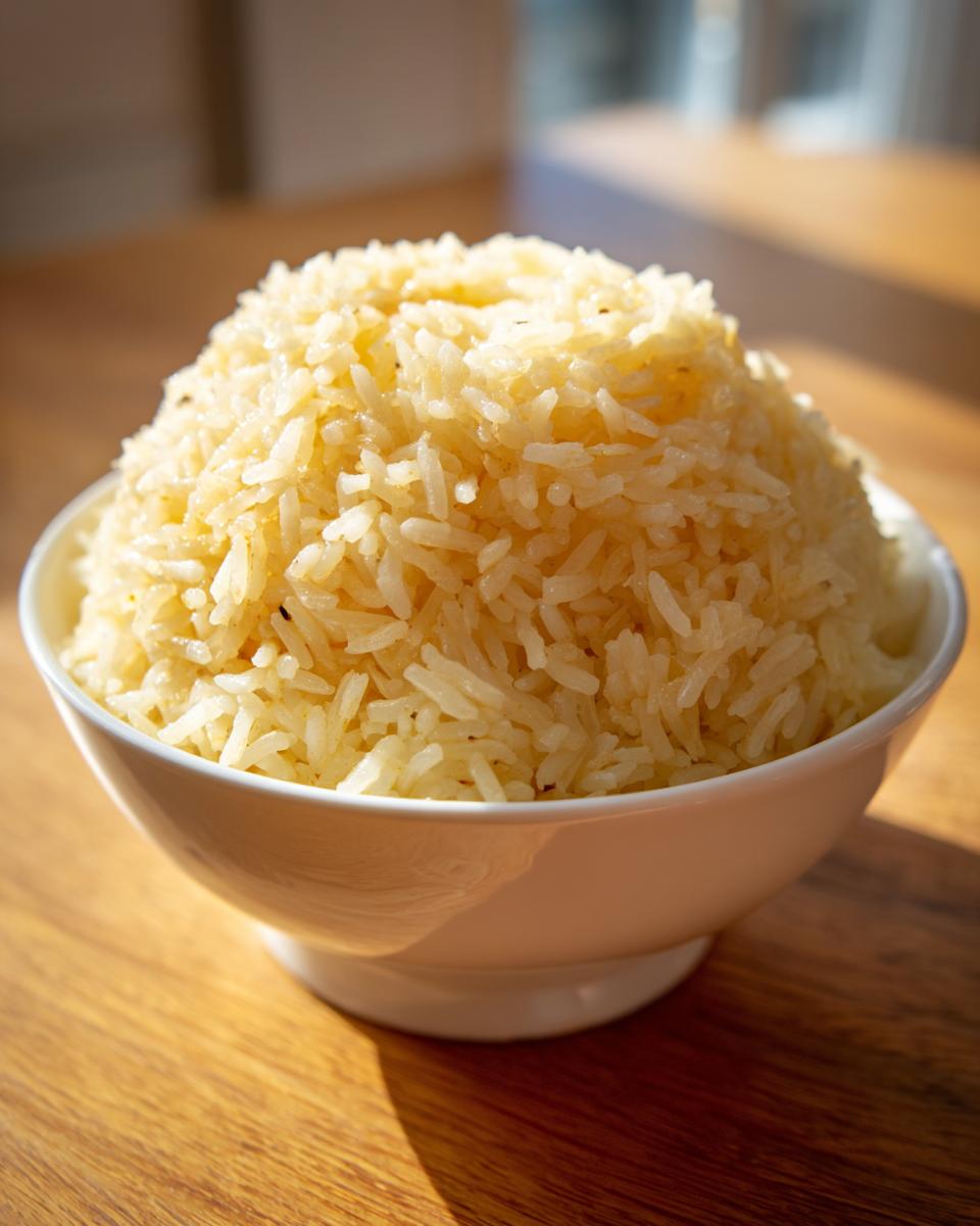 A close-up of fluffy, perfectly cooked texas roadhouse seasoned rice mounded high in a white bowl.