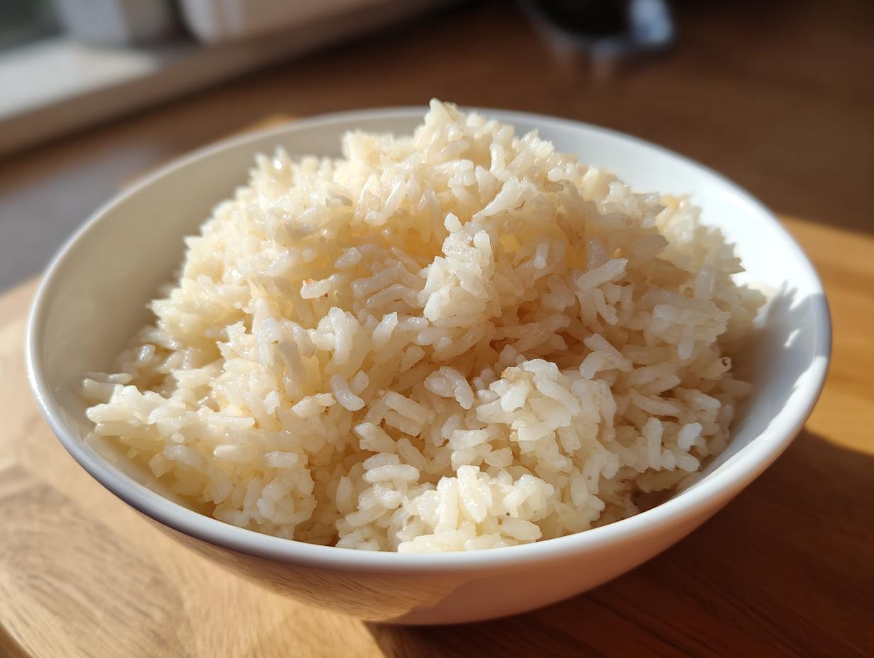 A close-up of fluffy, seasoned rice, resembling texas roadhouse seasoned rice, served in a white bowl on a wooden surface.