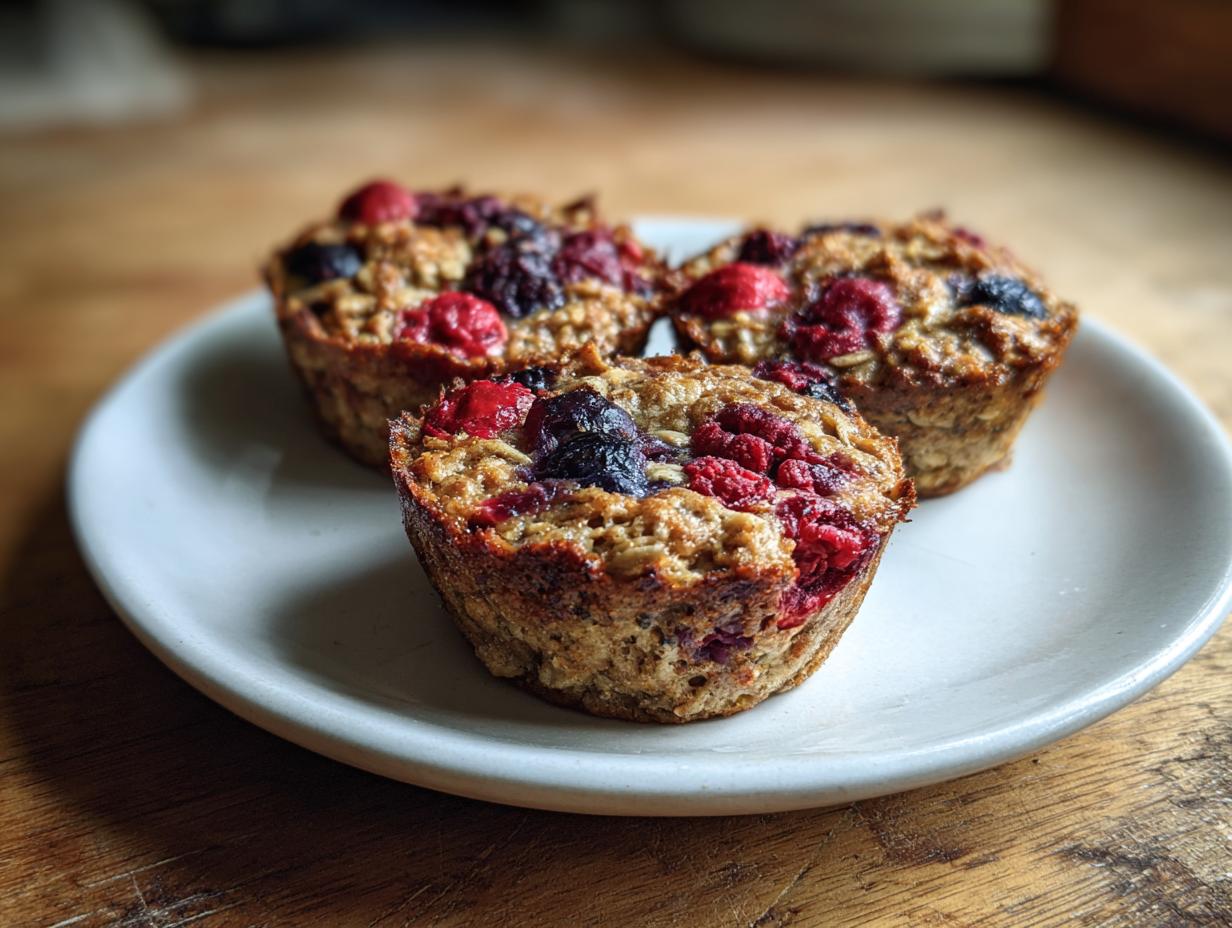 Three freshly baked oatmeal cups topped with mixed berries, served on a small white plate.