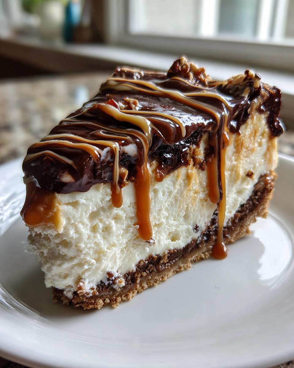 Close-up of a rich slice of turtle cheesecake with thick cream cheese filling, chocolate, and dripping caramel sauce.