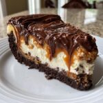 A decadent slice of turtle cheesecake featuring a dark crust, creamy filling, caramel swirls, and thick chocolate ganache topping.