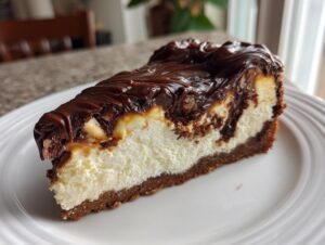 A decadent slice of turtle cheesecake featuring a thick graham cracker crust, creamy filling, and rich chocolate ganache topping.