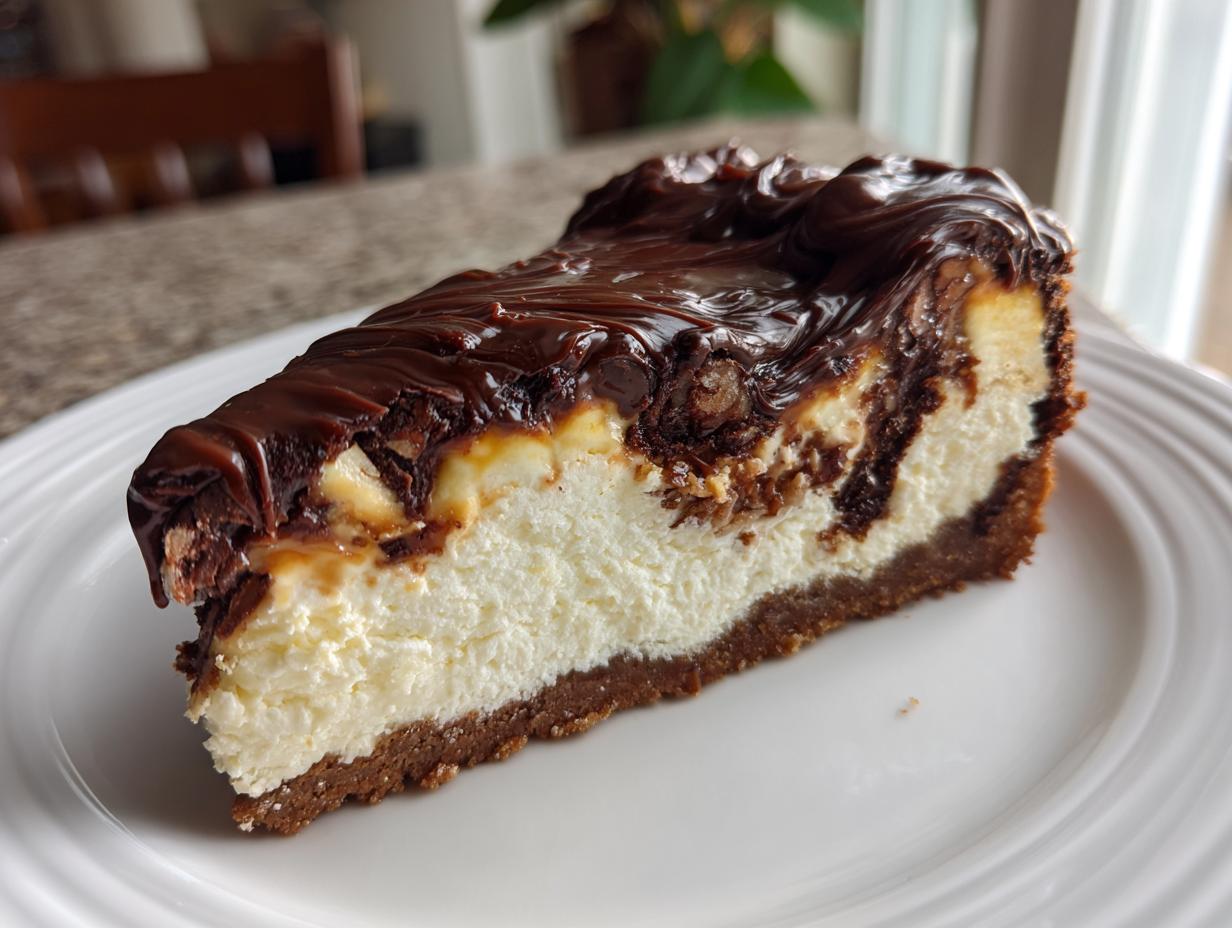 A decadent slice of turtle cheesecake featuring a thick graham cracker crust, creamy filling, and rich chocolate ganache topping.