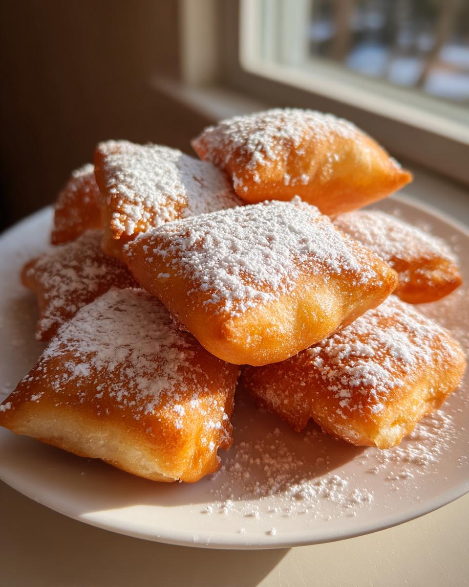 A stack of freshly fried, golden vanilla French beignets generously dusted with white powdered sugar on a white plate.
