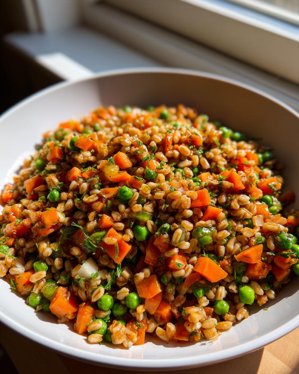 Close-up of a bowl filled with vibrant vegan vegetable barley salad featuring diced carrots, bright green peas, and herbs.