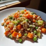 Close-up of a serving of vegan vegetable barley salad featuring plump barley grains, diced carrots, peas, and celery.