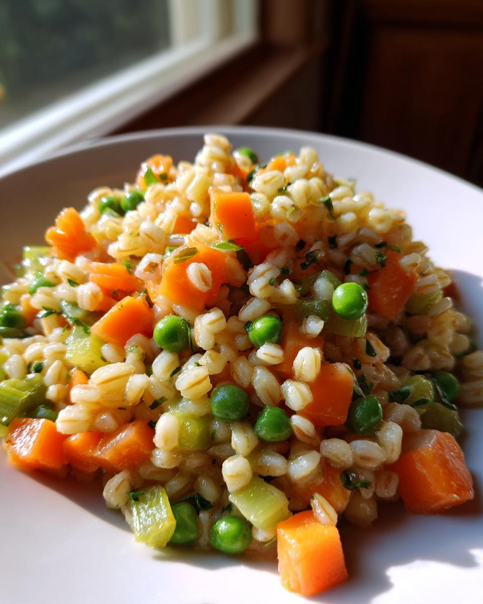 A close-up of a serving of vegan vegetable barley salad featuring plump barley grains, bright orange carrots, green peas, and celery.