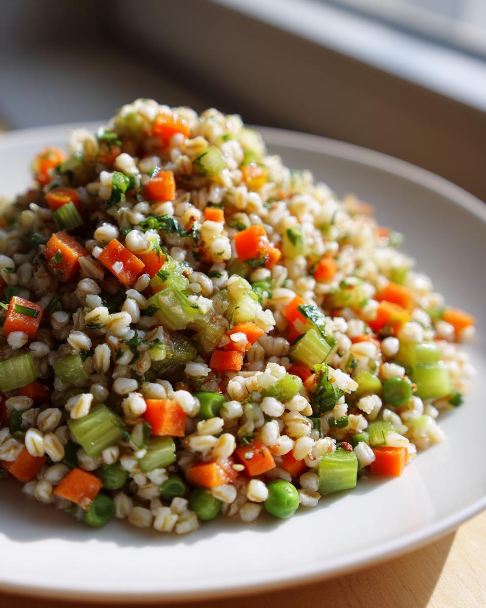 Close-up of a mound of vegan vegetable barley salad featuring plump barley, diced carrots, celery, and green peas.