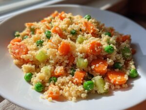 Close-up of a serving of vegan vegetable barley salad mixed with bright orange carrots and green peas on a white plate.