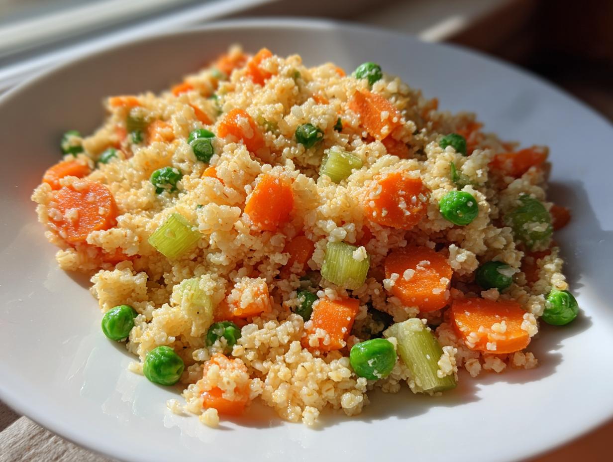 Close-up of a serving of vegan vegetable barley salad mixed with bright orange carrots and green peas on a white plate.