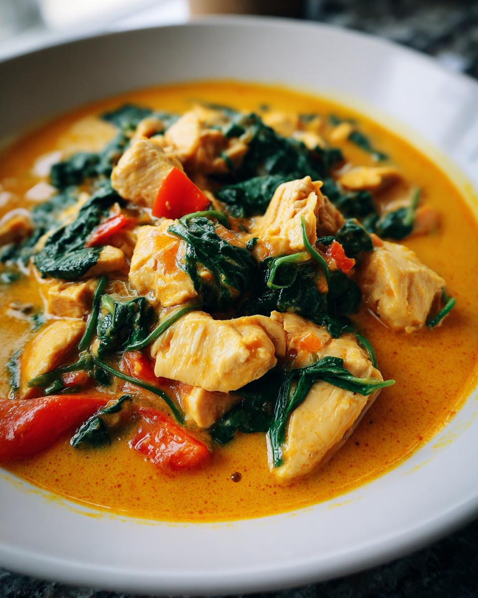 Close-up of a bowl of rich, yellow coconut curry featuring chunks of chicken, wilted spinach, and red tomato pieces.