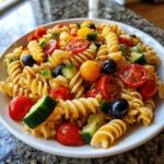 Close-up of a serving of cold pasta salad featuring rotini pasta, halved cherry tomatoes, cucumber chunks, and black olives.