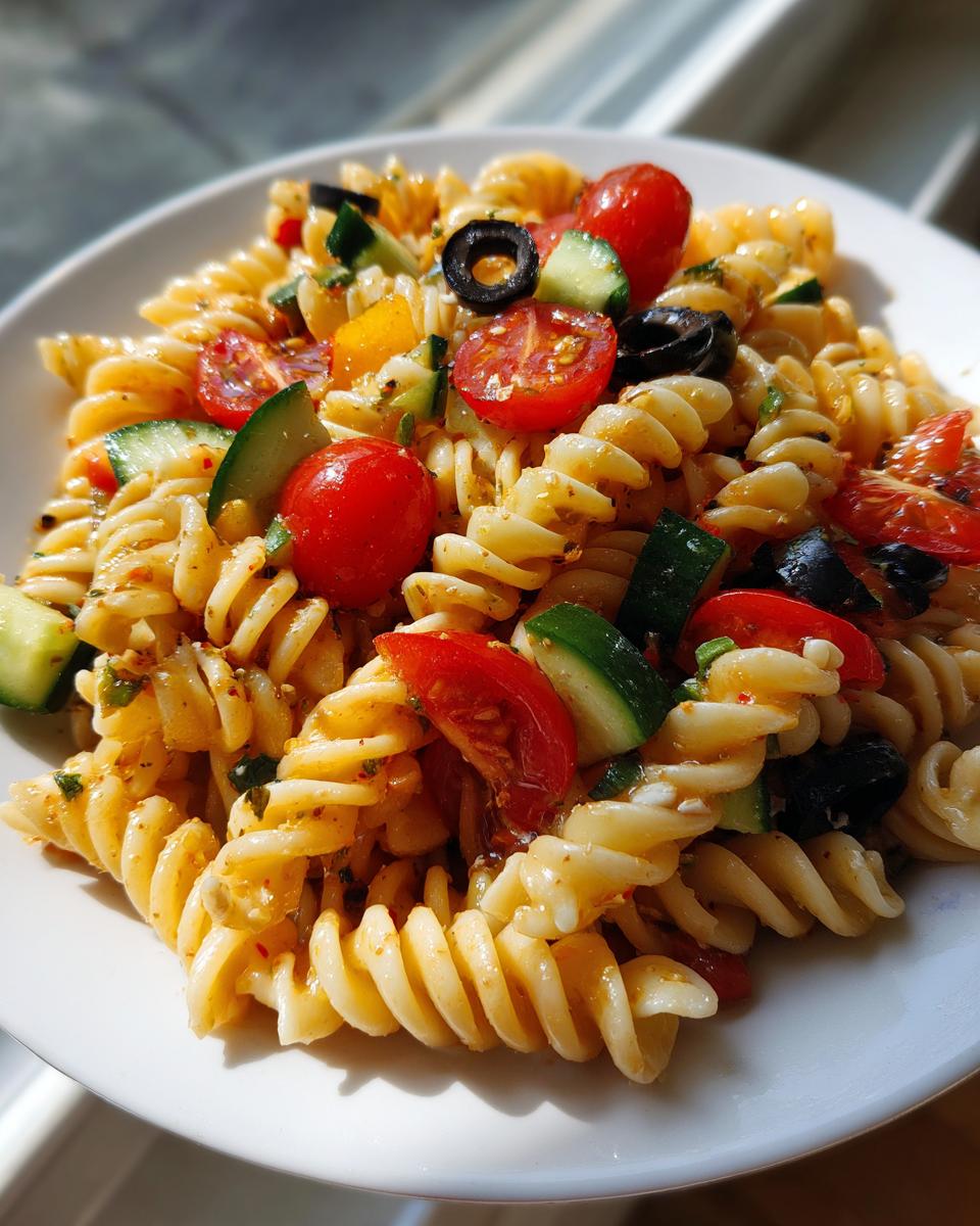 Close-up of a serving of cold pasta salad featuring fusilli, cherry tomatoes, cucumber, and black olives.