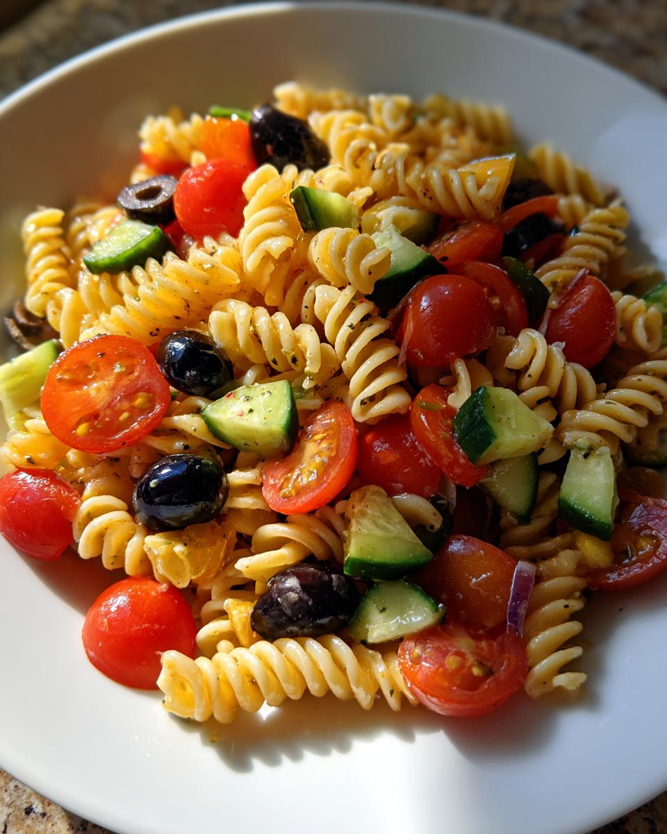 Close-up of a bowl filled with vibrant cold pasta salad featuring rotini, cherry tomatoes, cucumbers, and black olives.