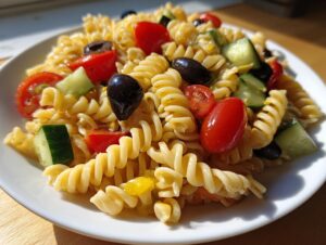 Close-up of a serving of cold pasta salad featuring fusilli pasta, cherry tomatoes, cucumber chunks, and black olives.