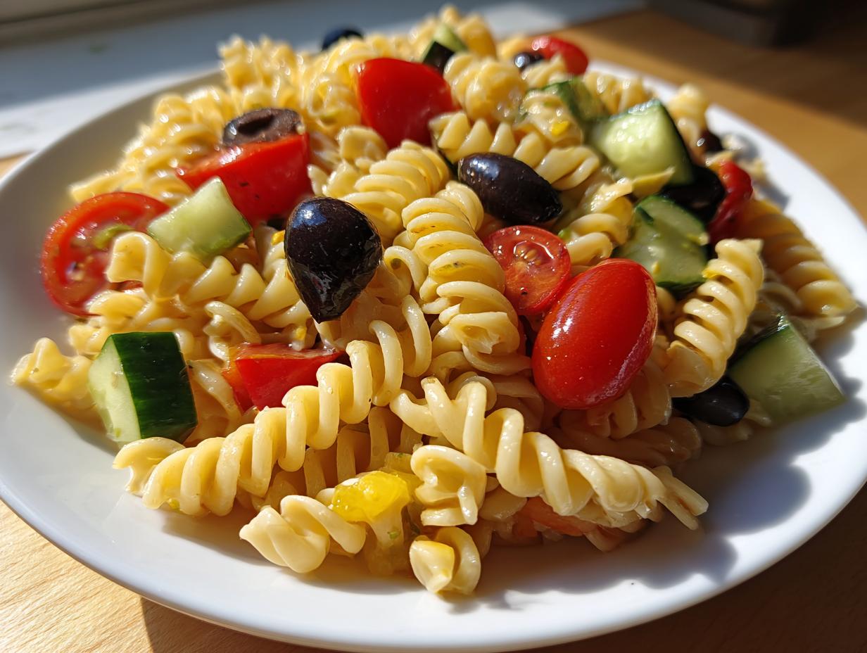 Close-up of a serving of cold pasta salad featuring fusilli pasta, cherry tomatoes, cucumber chunks, and black olives.