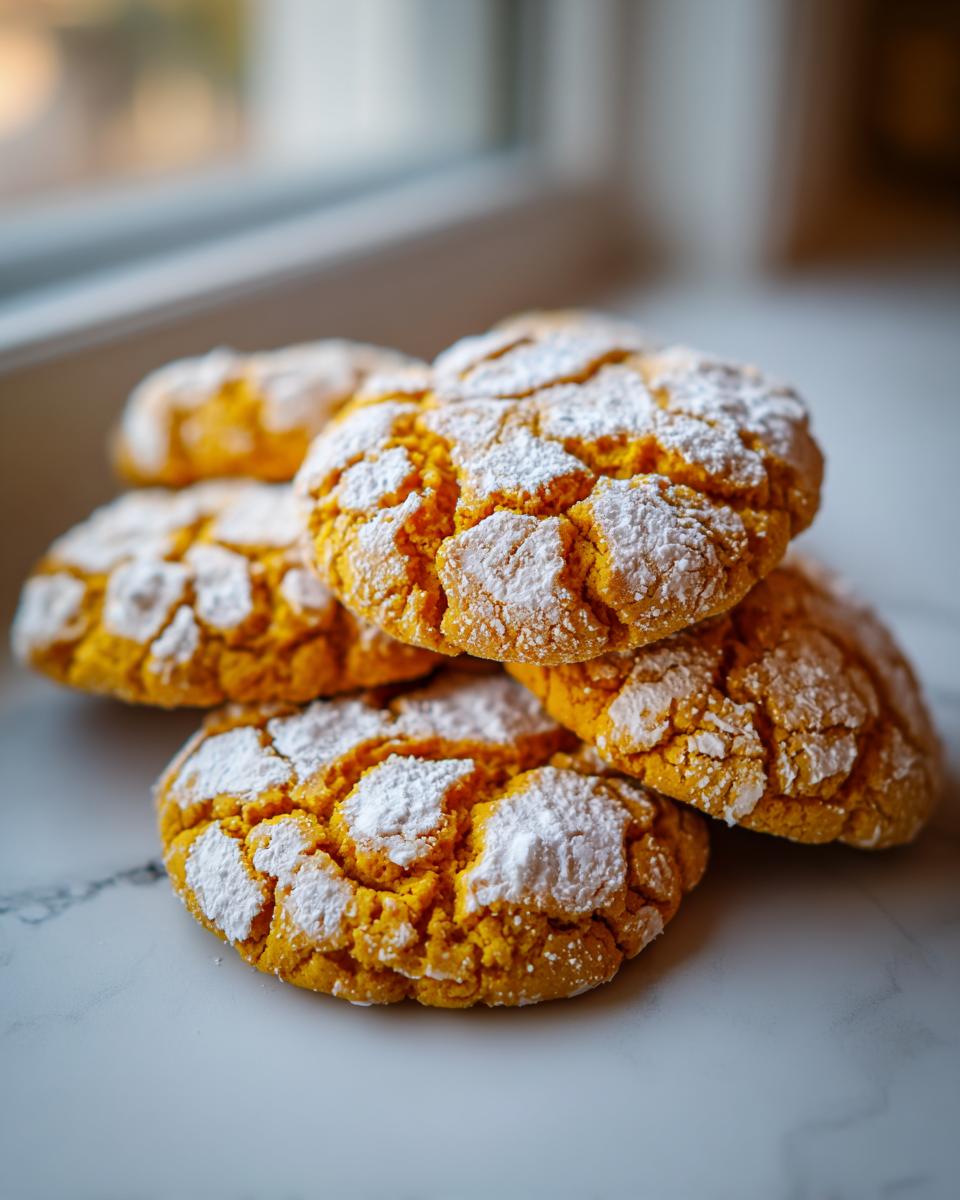 A close-up stack of bright orange pumpkin crinkle cookies heavily dusted with white powdered sugar.