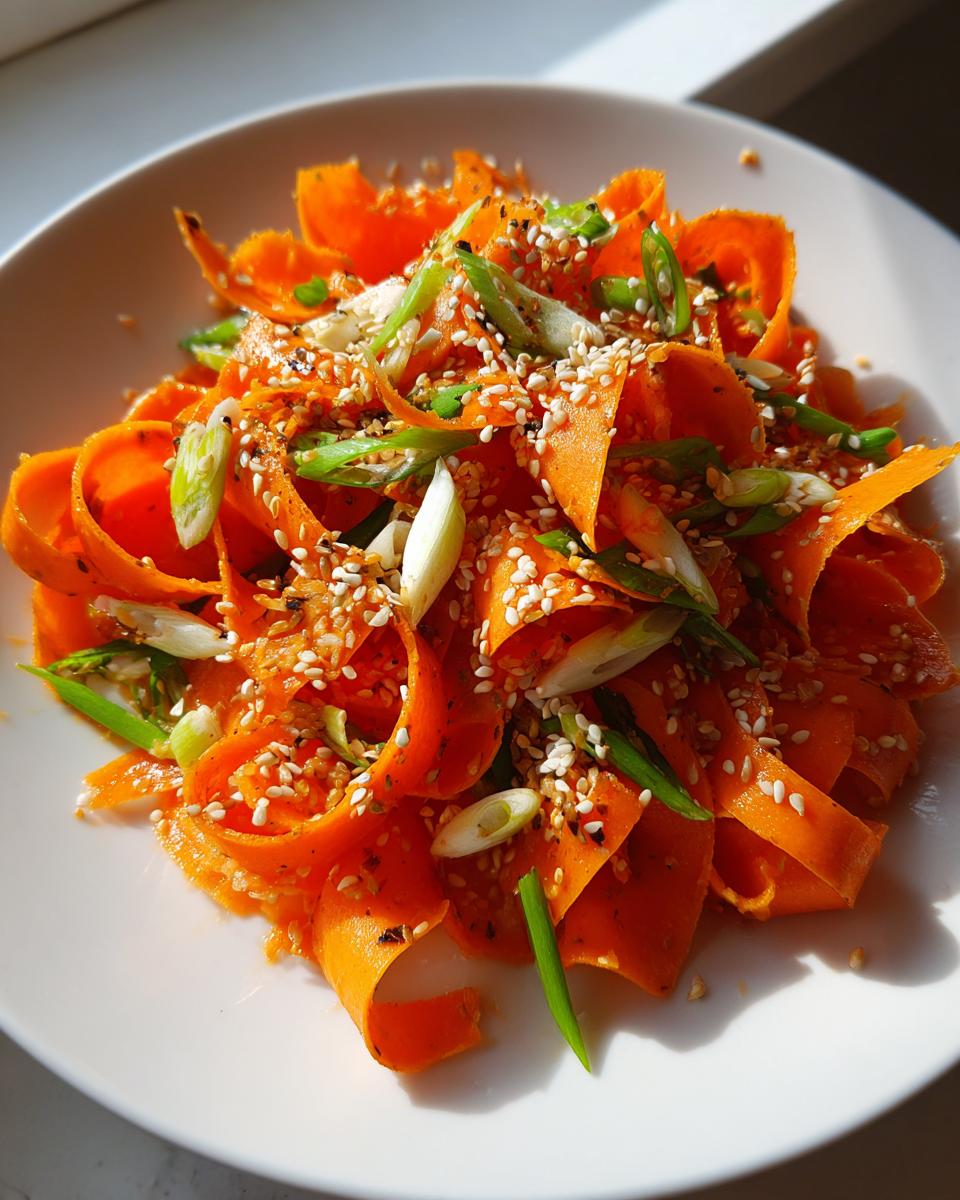 Close-up of a vibrant raw carrot salad made with shaved carrot ribbons, topped with sesame seeds and sliced green onions.