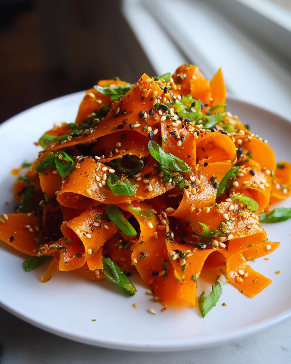 Close-up of a vibrant raw carrot salad made with shaved carrot ribbons, sprinkled with sesame seeds and green onions.
