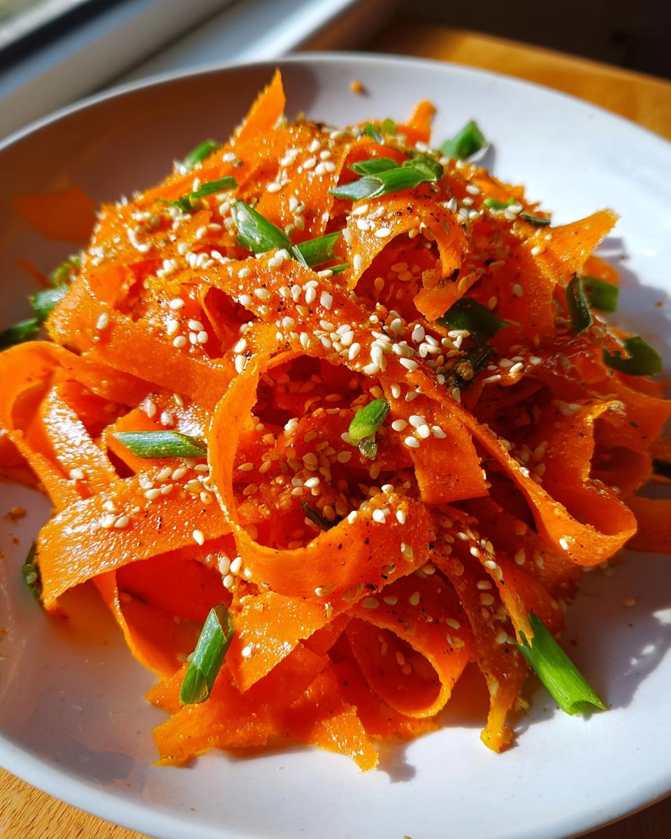 Close-up of a vibrant raw carrot salad made with shaved carrot ribbons, topped with white sesame seeds and chopped green onions.