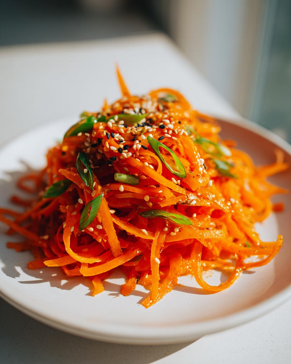 A close-up of a bright orange raw carrot salad, julienned and topped with sesame seeds and sliced green onions.