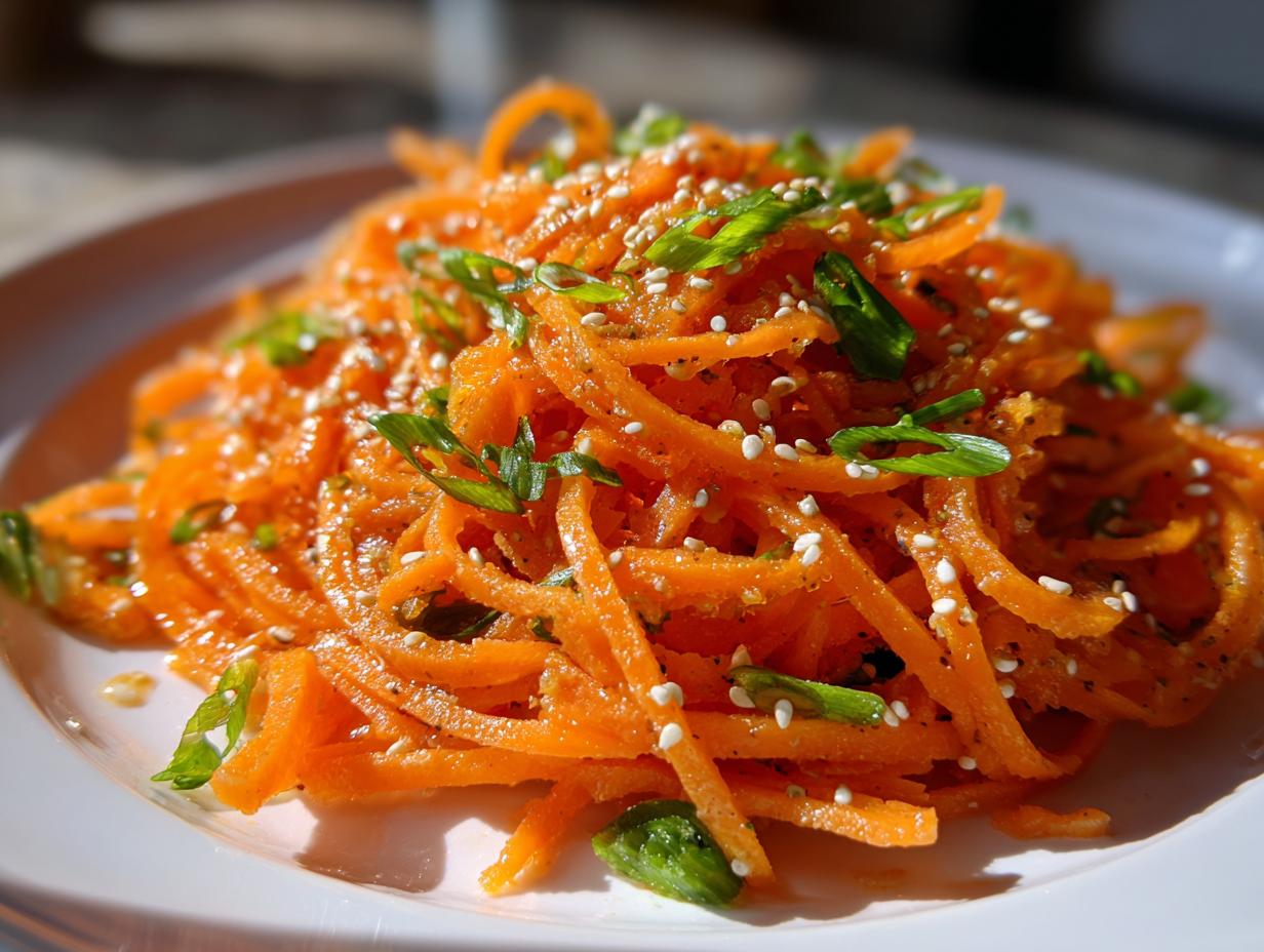 Close-up of a bright orange raw carrot salad, julienned and topped with white sesame seeds and sliced green onions.