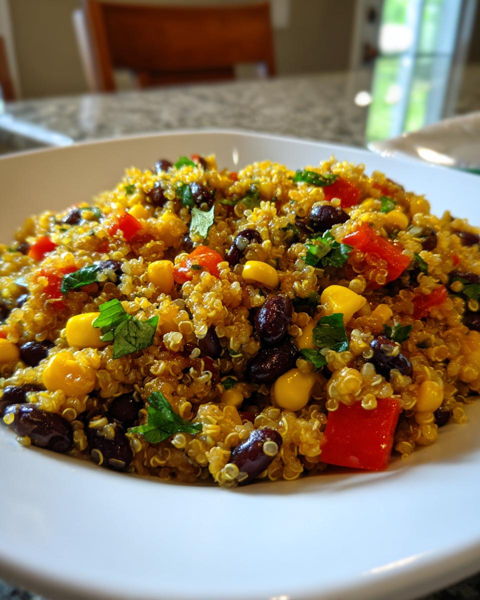 Close-up of a vibrant tex mex quinoa salad featuring black beans, corn, red peppers, and cilantro in a white bowl.