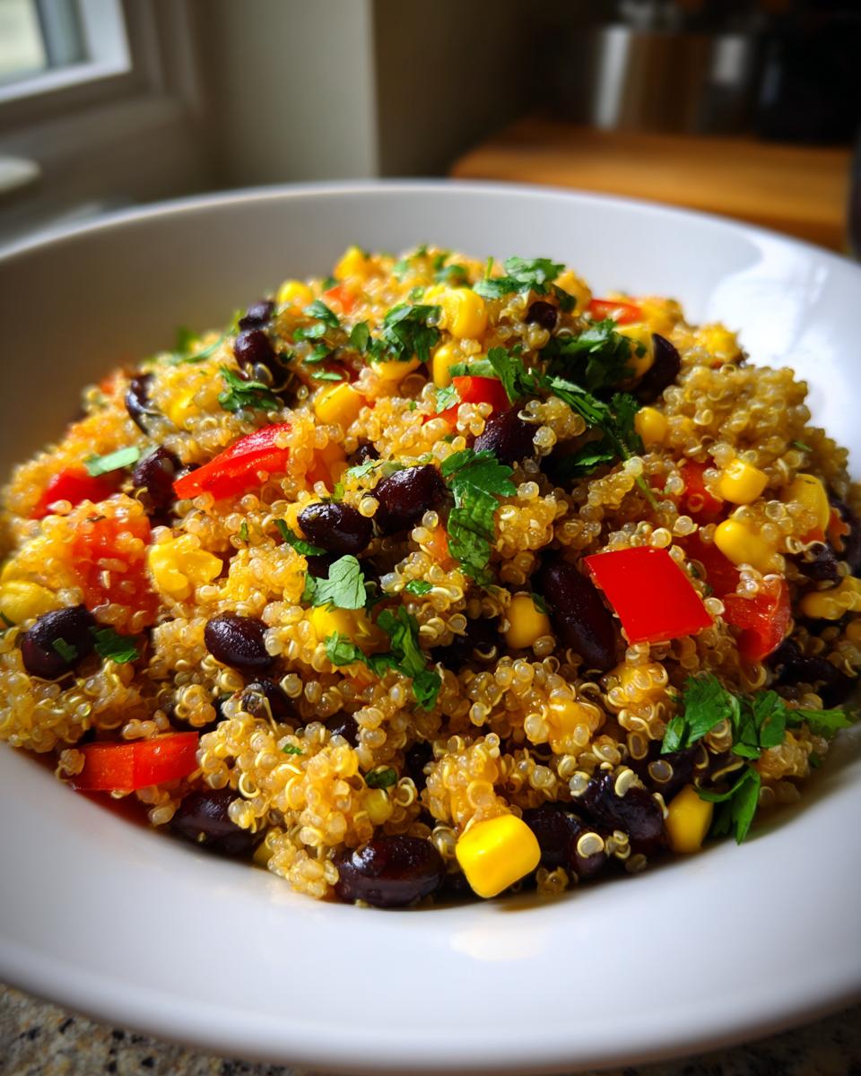 Close-up of a vibrant tex mex quinoa salad featuring black beans, corn, red peppers, and cilantro.