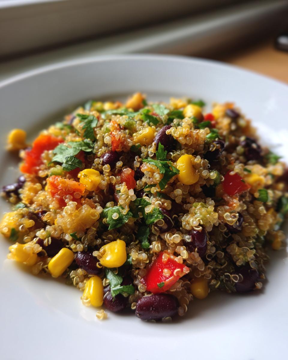 Close-up of a colorful tex mex quinoa salad featuring corn, black beans, red peppers, and cilantro on a white plate.