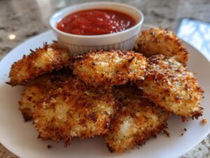 Golden brown, crispy air fryer toasted ravioli piled on a white plate next to a small bowl of marinara sauce.