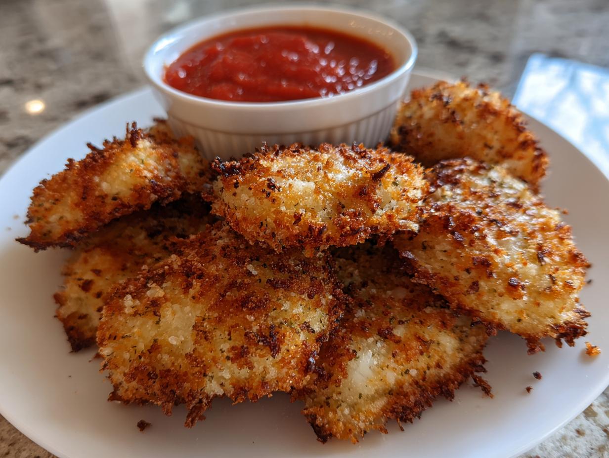 Golden brown, crispy air fryer toasted ravioli piled on a white plate next to a small bowl of marinara sauce.