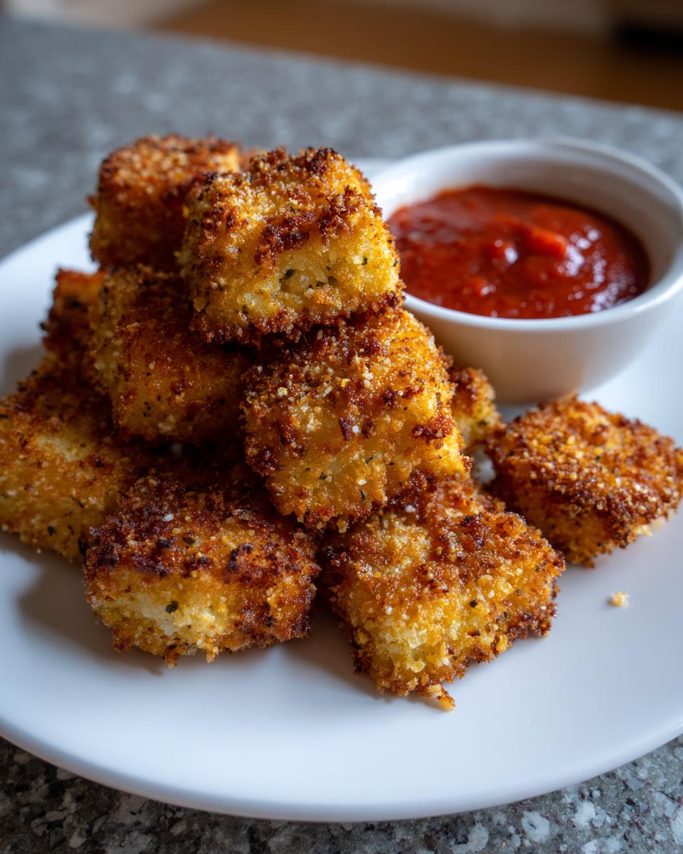 A pile of crispy, golden brown air fryer toasted ravioli served on a white plate next to a small bowl of marinara dipping sauce.
