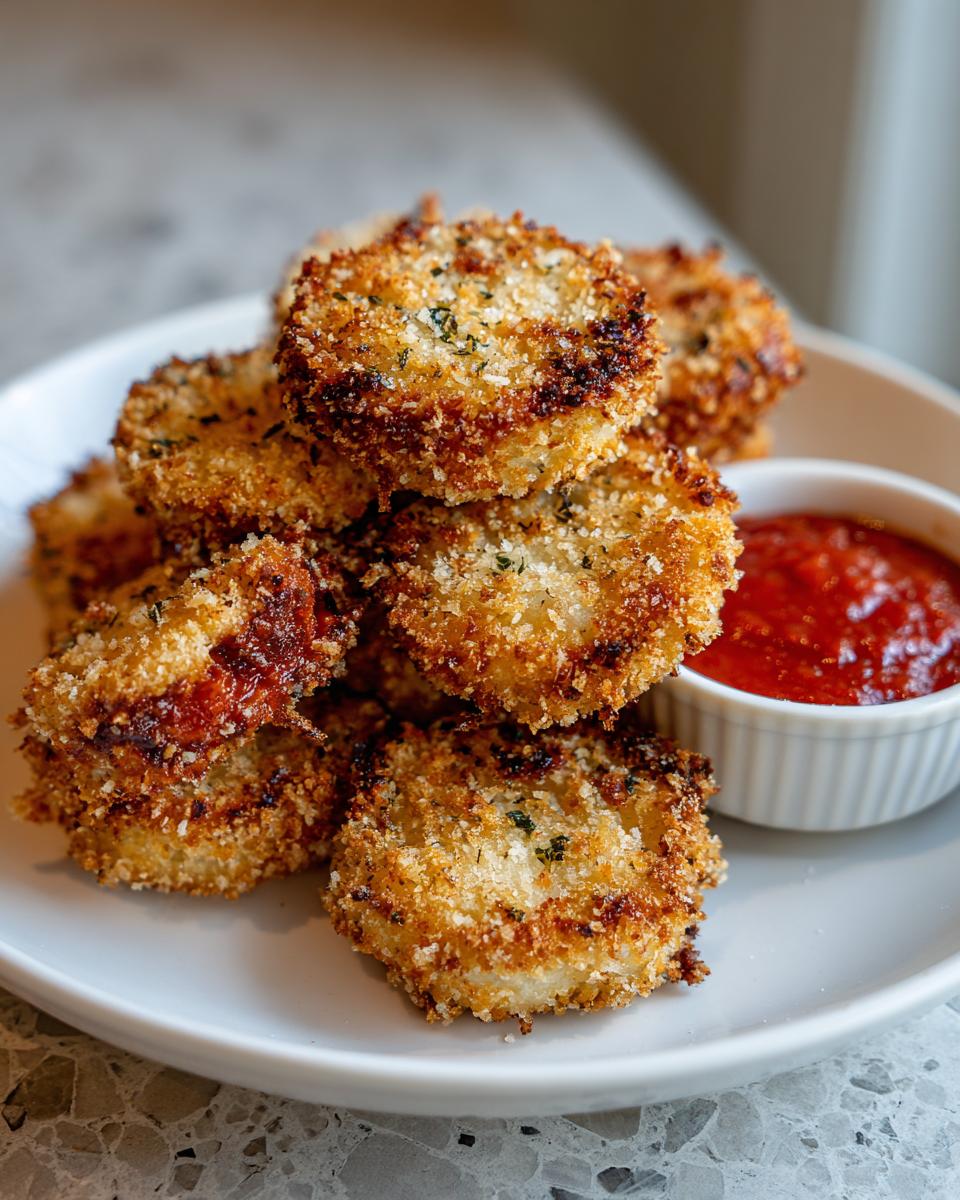 A stack of golden brown, crispy air fryer toasted ravioli served with a side of marinara dipping sauce.