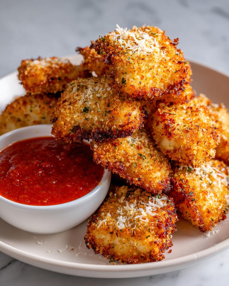A stack of golden, crispy air fryer toasted ravioli sprinkled with Parmesan cheese, served next to a bowl of marinara sauce.
