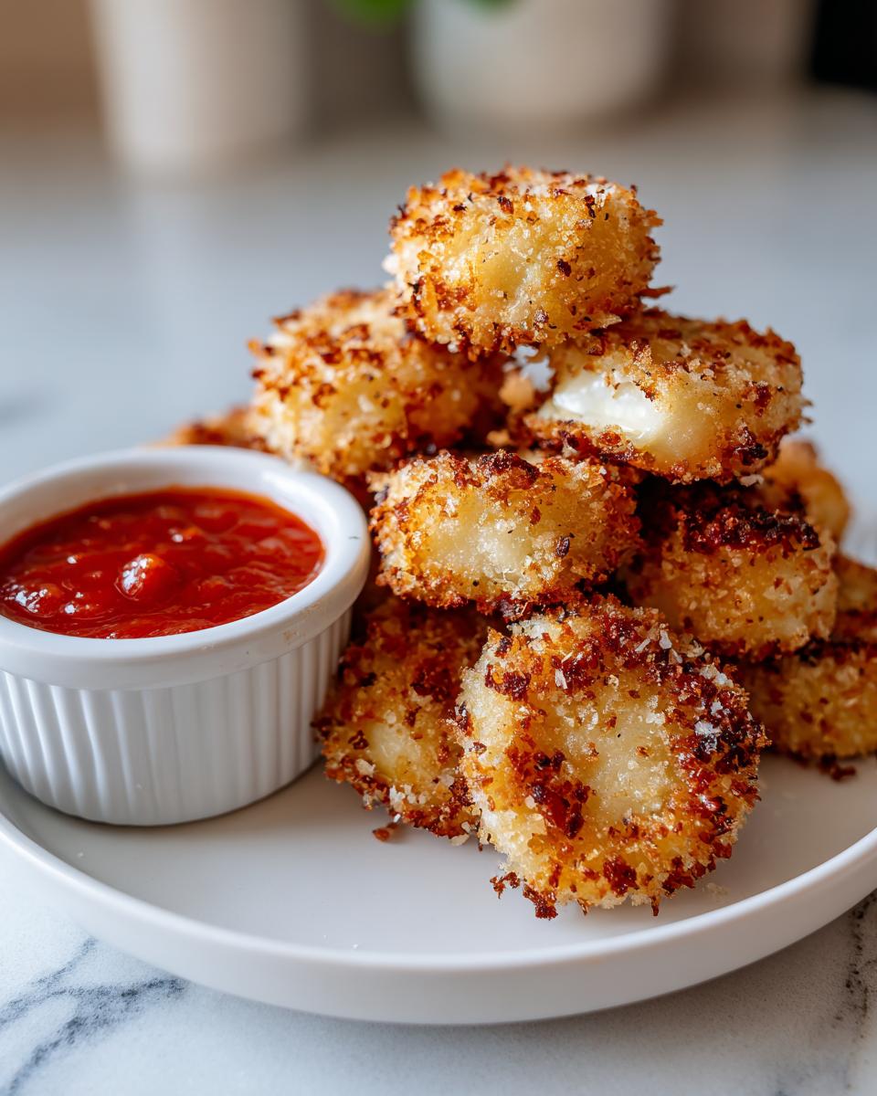 A stack of golden brown, crispy air fryer toasted ravioli served with a side of bright red marinara dipping sauce.