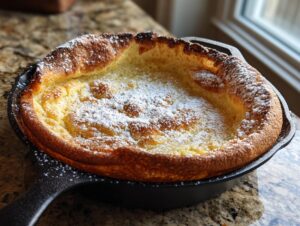 A golden brown Dutch baby pancake dusted with powdered sugar, baked in a black cast iron skillet.